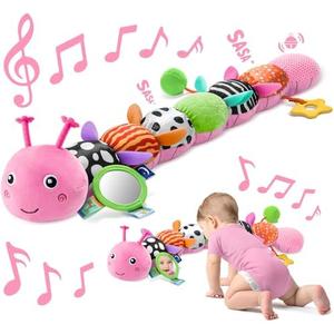 Baby Toys 0-6 6-12 Months,Music Caterpillar Plush Toy with Baby Mirror, Pull String&Crinkle Rattle,Infant Sensory Toys,Tummy Time for 0-3-6-12 Month Boys Girls Newborn Gifts (Pink-Leaf)