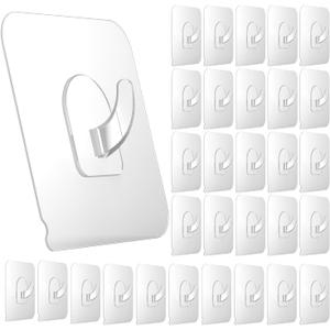 Ninth Five 30 Pack Adhesive Hooks for Hanging, 33lb Heavy Duty Wall Hooks, Clear Plastic Sticky Utility Hook for Home Kitchen Bathroom Office Use