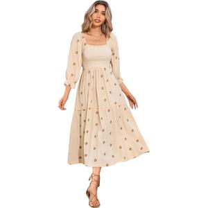 R.Vivimos Women's Cotton Floral Embroidered Boho Midi Dress, Beige, X-Large
