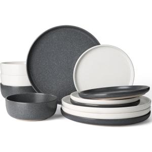 Famiware Milkyway Plates and Bowls Sets, 12 Pieces Dinnerware Sets, Reactive Glaze Dish Set, Stoneware Dishes Set for 4, Matte Beige White & Matte Dark Charcoal