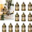 Mini Moroccan Lanterns with Flicker LED Candles Set of 12, Gold Vintage Decorative Hanging Lanterns for Ramadan, Christmas, Halloween, Wedding, Party, Table Centerpiece, ABS Plastic and Glass