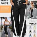 Fisoew Women's Baggy Wide Leg Pants Casual Drawstring Elastic Waisted Contrast Color Workout Y2K Track Pants (Black, S)