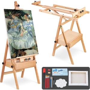 YOKUGO H-Frame Art Easel for Adults, Beech Wood Large Artist Easel for Painting with Storage Drawer, Foldable & Adjustable Table & Floor Design Studio Stand for Teen, Natural