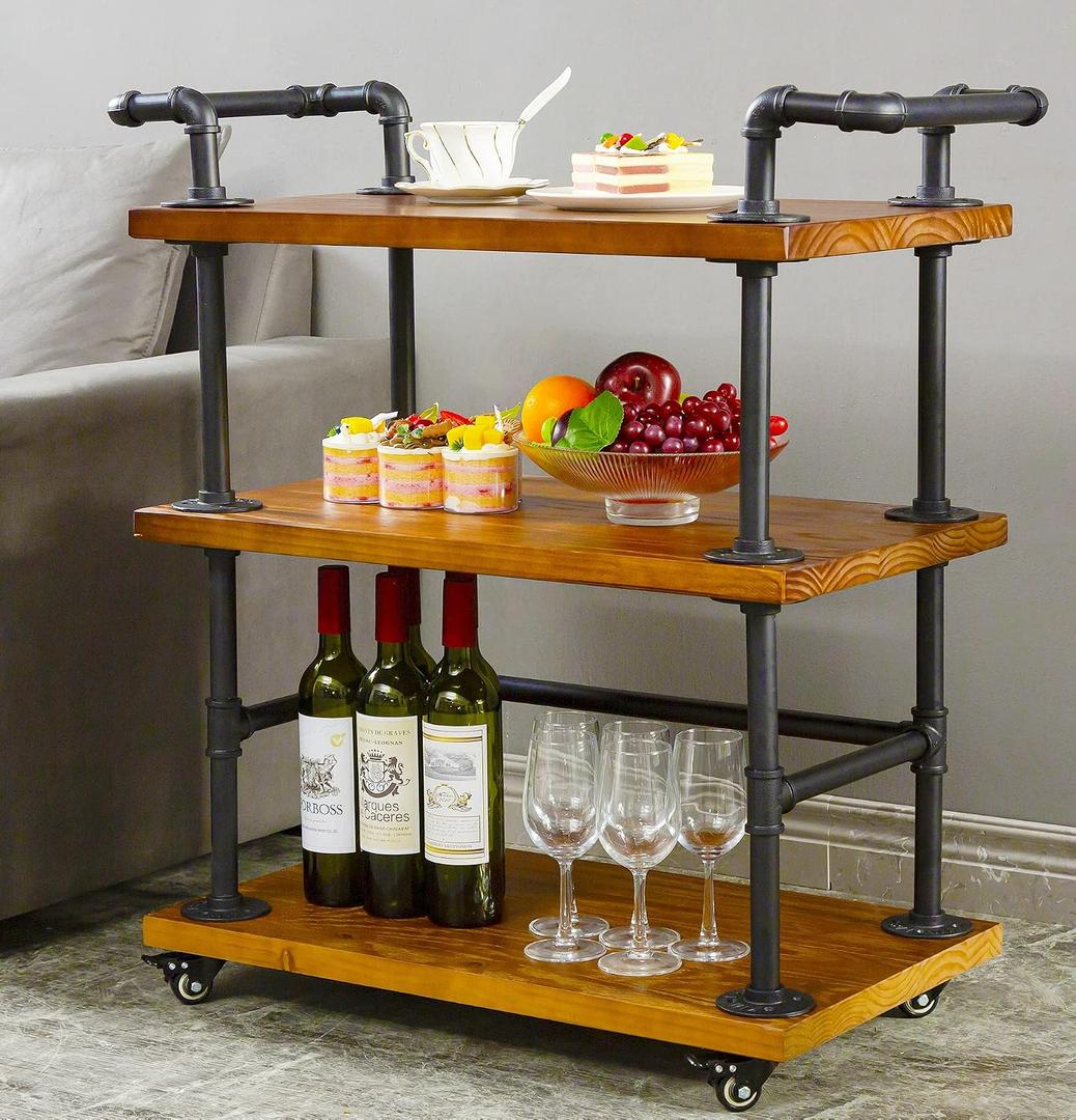 Industrial Pipe Bar Carts/Serving Carts/Kitchen Carts/Wine Rack Carts on Wheels with Shelves - Wood Rolling Carts - Wine Tea Liquor Shelves/Holder - Home Furniture, 27.56 Inch x 15.75 Inch x 33.46 Inch