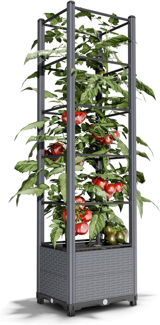 Outdoor Elevated Garden Bed with 69.69" Tall Trellis & Tomato Cage, 10.5 Gal Planter Box for Tomatoes, Vegetables, Climbing Plants & Flowers (15.7" Elevated, Gray)