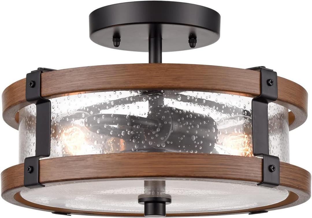Farmhouse 2-Light Ceiling Light Fixture, Semi Flush Mount Ceiling Light with Seeded Glass Shade, Rustic Retro Ceiling Lamp for Kitchen Hallway Entryway