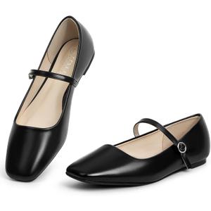 MUSSHOE Womens Ballet Mary Jane Flats Shoes Adjustable Strap Comfortable Square Closed Toe Versatile Chic Footwear with Latex Insole (8, Black)