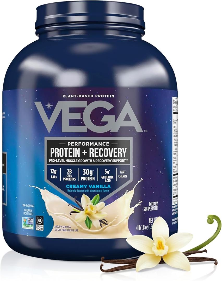 Vega Sport Vegan Protein Powder + Recovery - 30g Plant Based Protein per Serving, Vanilla, 45 Servings, 5g BCAAs, Probiotics, NSF Certified, for Shakes & Smoothies, 4.1lbs (Packaging May Vary)
