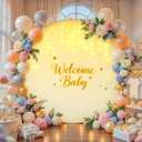 7.2 FT Beige Round Backdrop Cover with Lights String for Circle Arch Stand Circle Backdrop Covers with LED Fairy Lights for Wedding Arch Bridal Baby Shower Birthday Party Photo Photography Background