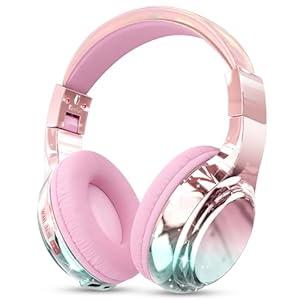 QearFun Kids Bluetooth Headphones, 60H Playtime, 74/85/94dB Safe Volume Limit, Metallic Gradient Wireless Headset with HD Mic, Fast Charging, Foldable, Wired 3.5mm Mode for School/Tablet/Travels (Pink)