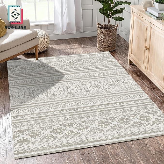 Washable Area Rugs 5' x 7' - 1/6 Thick - Moroccan-Inspired -Stain & Water Resistant Non-Slip - Resistant Rug for Living Room, Bedroom, Nursery, Pet & Child Friendly (Grey)