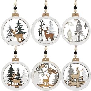 JOIEDOMI 6 Pcs Christmas Wooden Ornaments, Christmas Farmhouse Rustic Reindeer, Hanging Wood Ornaments for Winter Holiday Indoor Decor, Xmas Tree Decorations