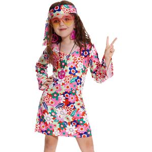 70s Hippie Dress for Girls, 1970s Outfits Peace Sign Necklace Headband, 60s Themed Party Costumes for Kids (Flower Power Pink, 5-6 Years)