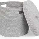 Storage Basket with Lid, Woven Blanket Storage for Living Room, Soft Cotton Rope Bin with Lid, Round Wicker Laundry Basket with Cover, Lidded Kid Dog Toy Box, Nursery Organizer, 15"x13", Gray