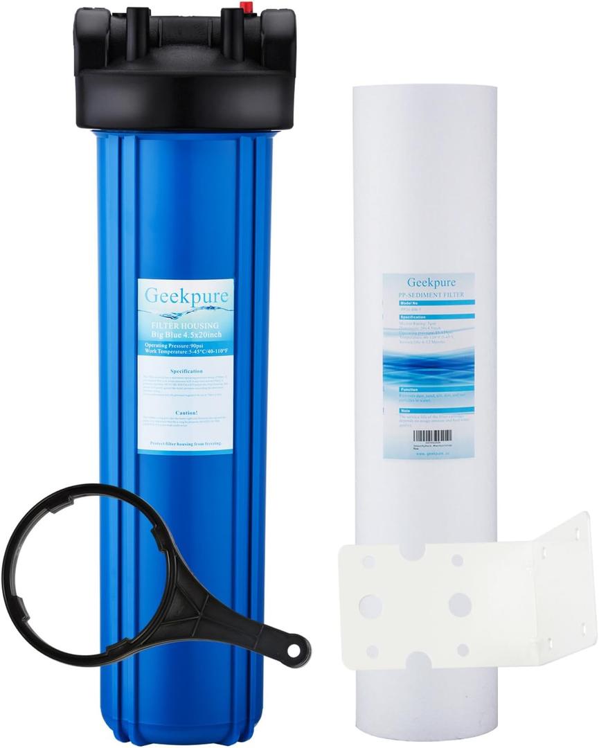 Geekpure 20 Inch Whole House Water Filtration System w/Blue Housing and 4.5"x20" 5 Micron PP Sediment Filter-1"NPT Port