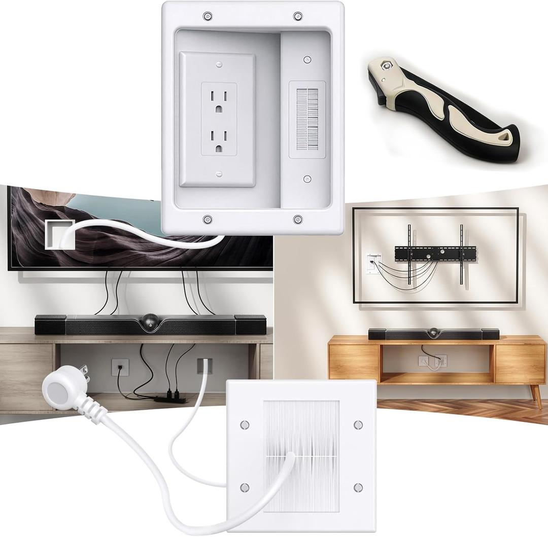 in-Wall TV Cable Concealer Kit with Recessed Power 2 AC Outlet, 9ft Cord, and Hand Saw Easy, Safe Cable Management for Organized TV and Home Theater SetupsEasy Installation KitMultiple Scenarios