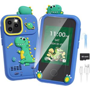 Sueseip Smart Phone for Kids Toys Age 4-6, Christmas Birthday Gifts Dinosaur Toddler Toys for Boys 5-7, Touchscreen Dual Camera Kids Cell Phone for Boys Age 8-10, with Games,SD Card,Screen Protector