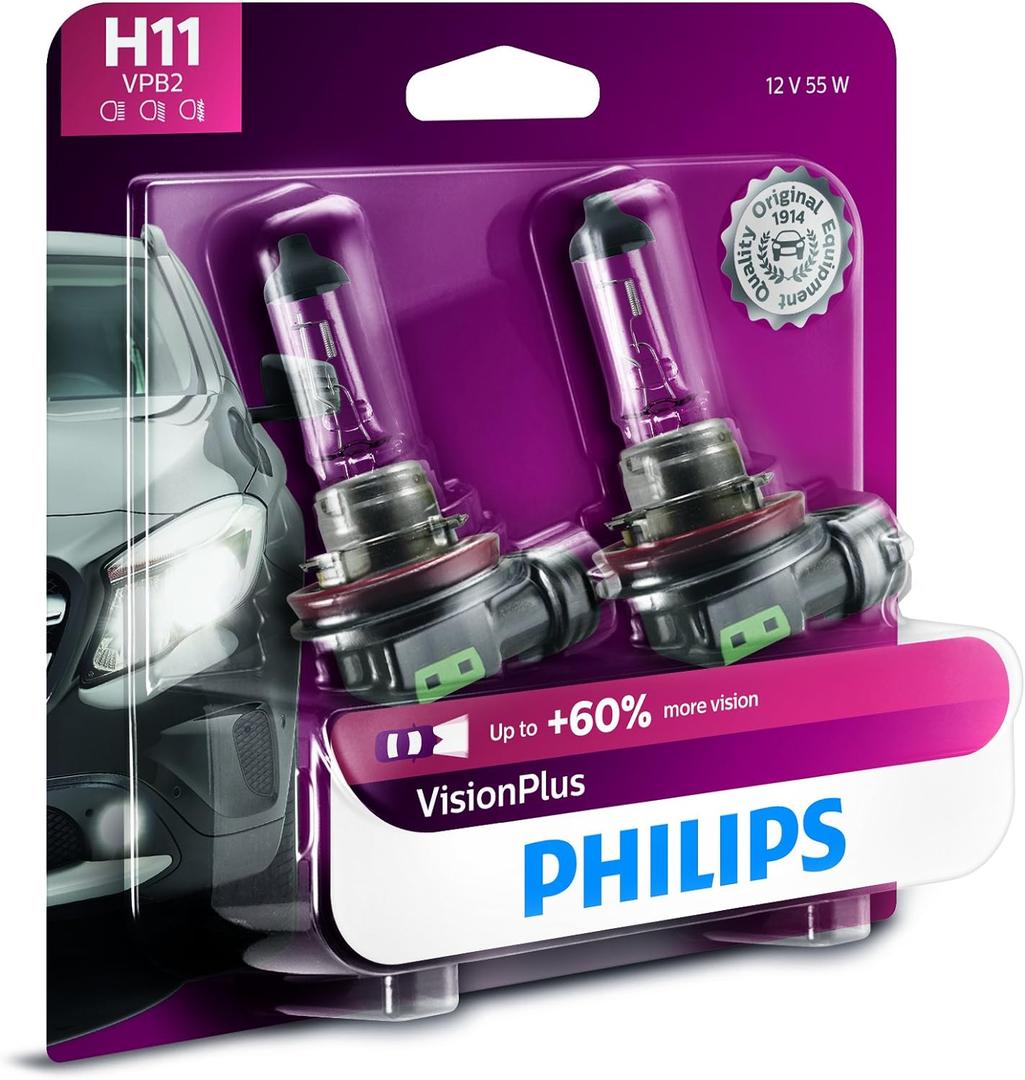 Philips Automotive Lighting H11 VisionPlus Deluxe Upgrade Automotive Replacement Headlight Bulb, for High Beam, Low Beam, and Fog Positions (Pack of 2)