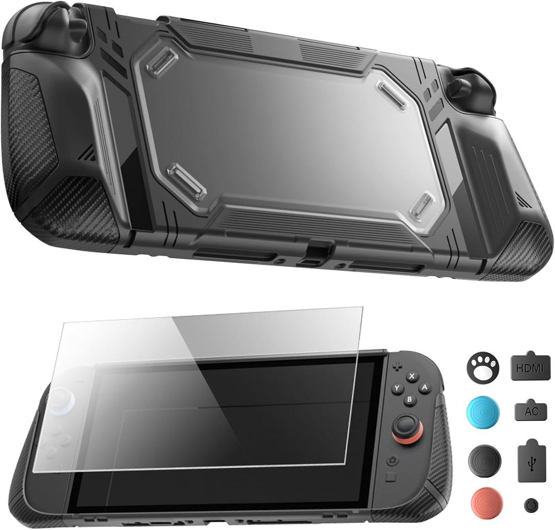 2 x Case Set for Switch 2 Case, Switch 2 Grip Accessories, Includes 1 Protective Case with Clear PC Back and TPU Ergonomic Grip, 2 9H Tempered Glass Screen Protectors, 8 Joycon Caps, and 8 Dust Plugs