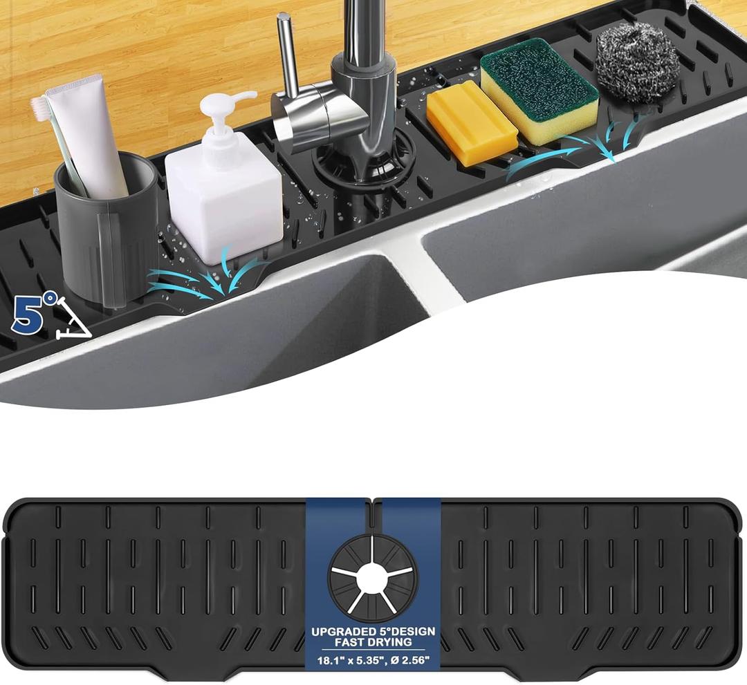 BFONS Kitchen Sink Faucet Splash Guard Plus Size Silicone Drying Mat Handle Drip Catcher Tray Dish Sponge Holder Accessories Protector Home Organization Gadgets Black: 23.4x5.7 in HJJDLSD-625