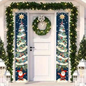 Merry Christmas Banner Hanging Porch Sign Christmas Tree and Santa Claus Hanging Banner Decoration Xmas for Home Door Decor Outdoor Indoor Holiday Welcome Party Supplies 71 x 12 Inch