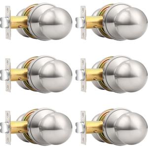Probrico Round Passage Door Knobs Handles for Hall/Closet Brushed Nickel Interior Keyless Door Knobs, 6 Pack
