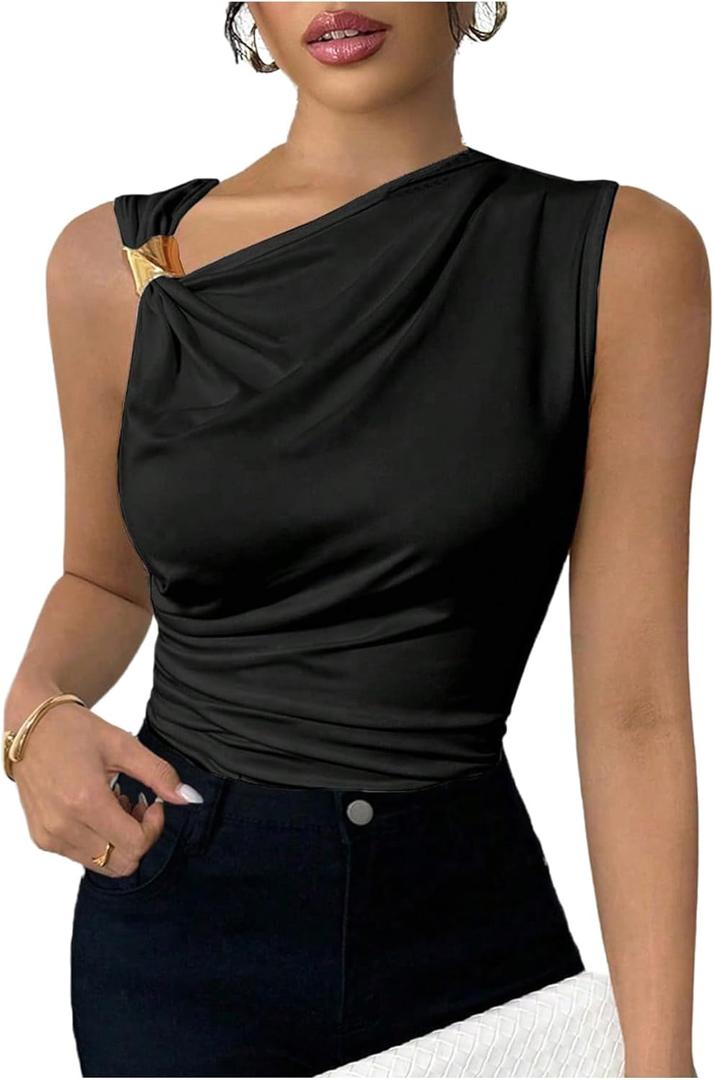 Milumia Women's Asymmetrical Neck Metal Sleeveless Ruched Tank Tops (Medium, Black)