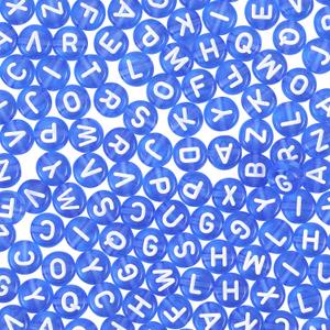 BEEFLYING 1480Pcs 7MM Transparent Acrylic Alphabet Beads Flat Round Disc A-Z White Letter Spacer Beads for DIY Friendship Boho Bracelet Hawaii Summer Holiday Surfing Jewelry Making (Blue Color)