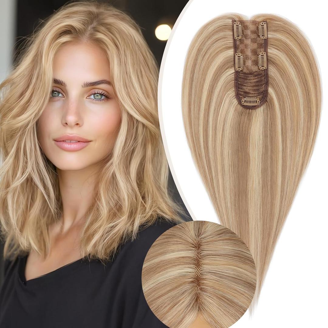 Rich Choices Hair Toppers for Women Real Human Hair 100% Human Remy Toppers for Women with Thinning Clip in NO Bangs Lace Base 150% Density 12 Inch #12P613 Golden Brown Highlight Bleach Blonde