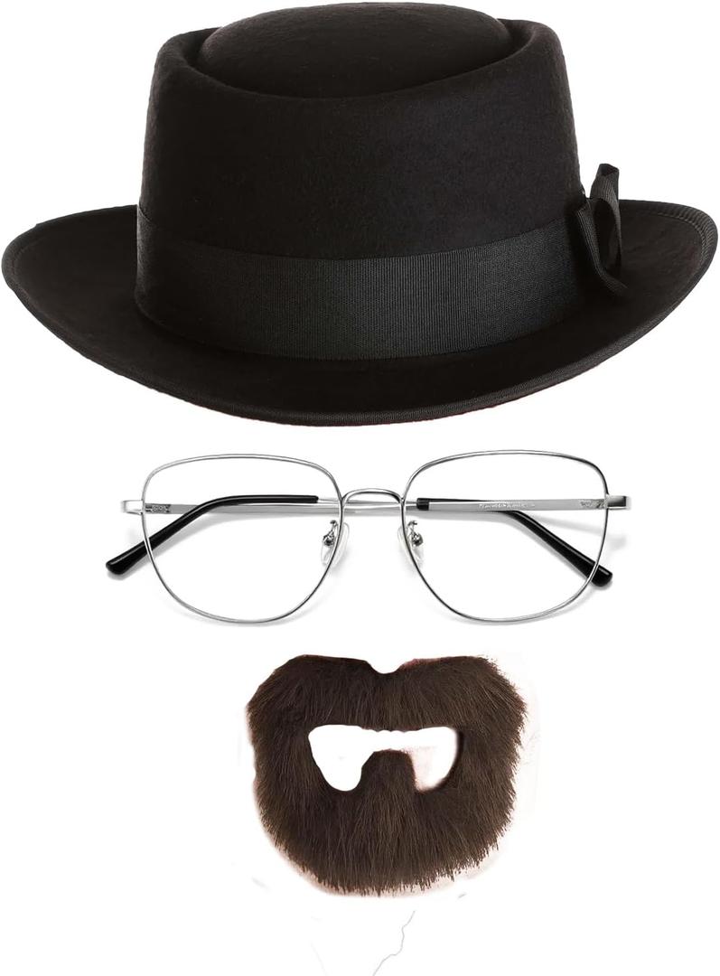 Halloween Costume Accessories Men Set Include Felt Fedora Transparent Lens Glasses Fake Beard for Walter White Cosplay Party