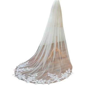 Chapel Length Floral Lace Wedding Bridal Veil with Metal Comb