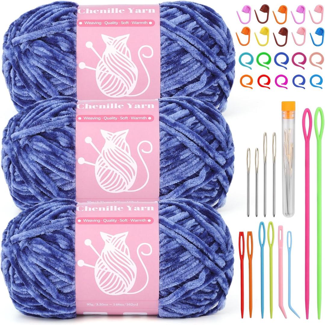 LUNARM Chenille Velvet Yarn for Crocheting Knitting, 3 Pack of 100g/3.5oz Velvet Yarn for Crocheting & Knitting, 486 Yard Soft Yarn for Making Creations & Crochet & More (Denim Blue)