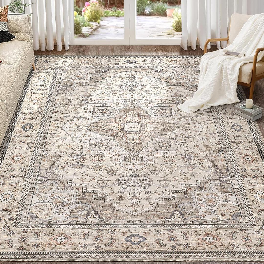 Washable Area Rugs for Living Room - 9x12 Neutral Vintage Distressed Floral Farmhouse Boho Large Soft Floor Rug Indoor Non Slip Carpet for Bedroom Dining Room Office - Brown/Multi