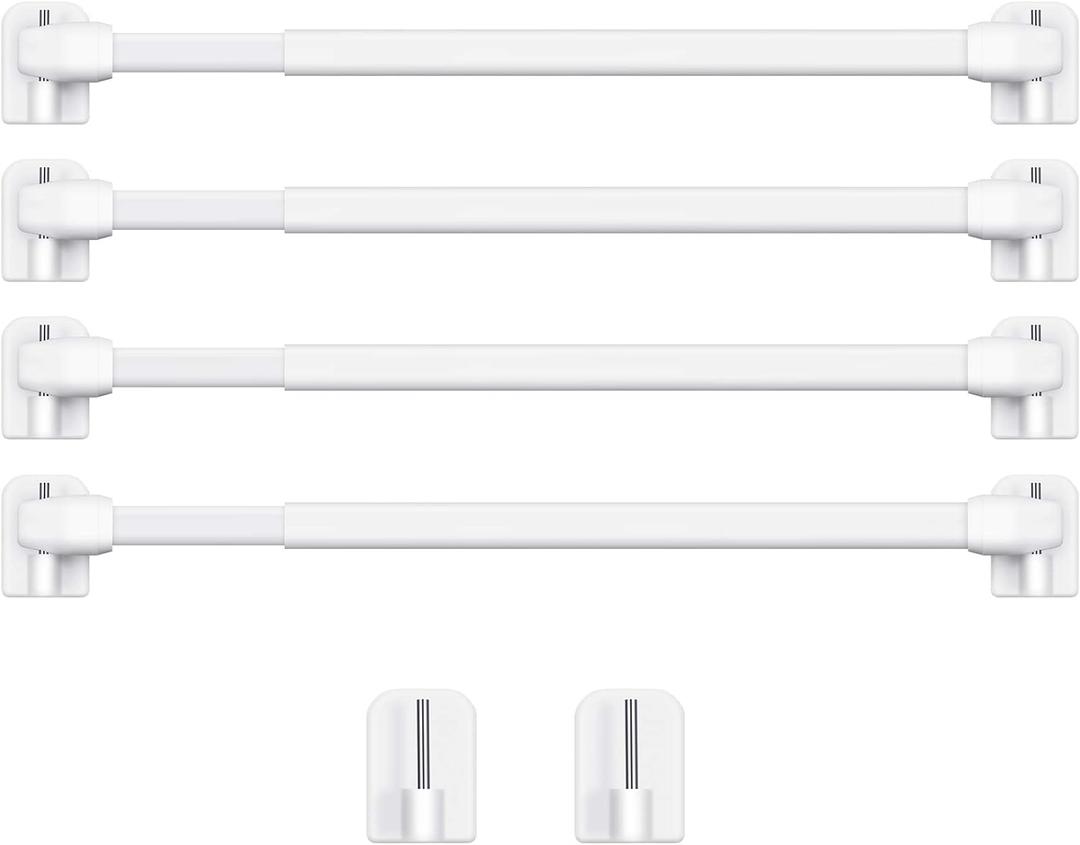 Jetec 4 Pieces Extendable Curtain Rod Cupboard Bars Tensions Adjustable Plastic Curtain Rod with 10 Pieces Self Adhesive Hooks for Home Bathroom Hotel Supply(15.7 to 27.5 Inch,White)