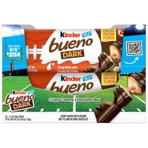 Kinder Bueno Dark Chocolate Bars with Creamy Hazelnut Filling, Bulk 30 Count, Chocolate Candy Bars for Game Day, Football Party Supplies, Snacks for Adults, 2 Per Pack, 1.5 oz (EXP 06/15/26)