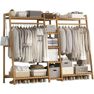 Baveke Bamboo Garment Rack 9 Tier Storage Shelf Coat Clothes Hanging Rack, Portable Wardrobe Closet Organizer With Top Shelf, Shoe Storage Shelves for Bedroom, Natural, FSC-Certified Bamboo