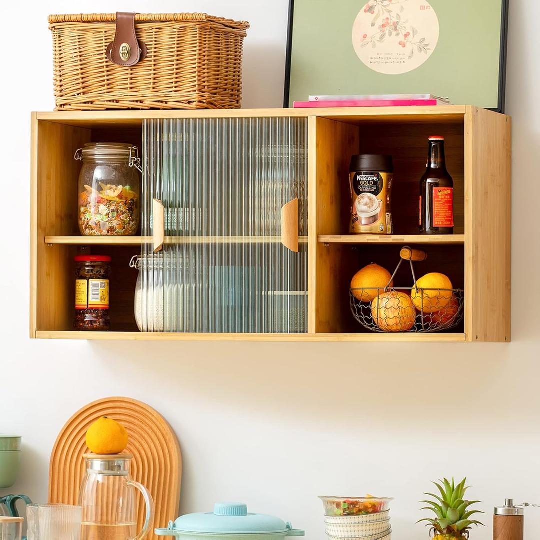 HollyHOME Bamboo Wall Mounted Kitchen Pantry Sideboard with 2 Doors and Adjustable Shelves, Freestanding Wall Storage Cabinet with Shelf for Bottle, Dish, Bowl, Console Dining Cupboard, Burlywood