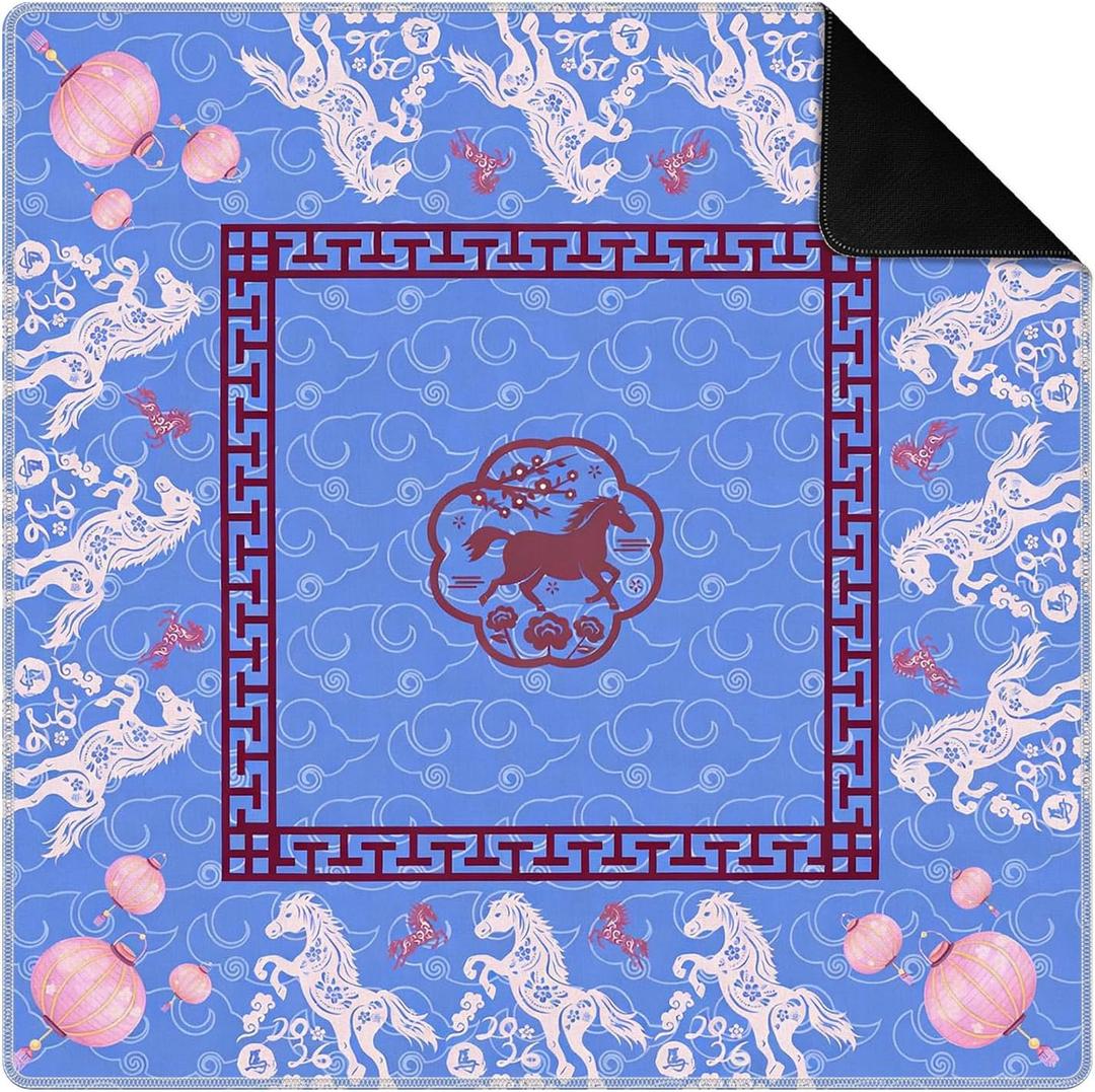 Blue Chinoiserie Horse Lantern Mahjong Mat for Table 31.5 x 31.5 in, Blue and Red Traditional Oriental Horse Non-Slip Noise Reduction Game Table Cover for American Mahjong Card Board Tile Games