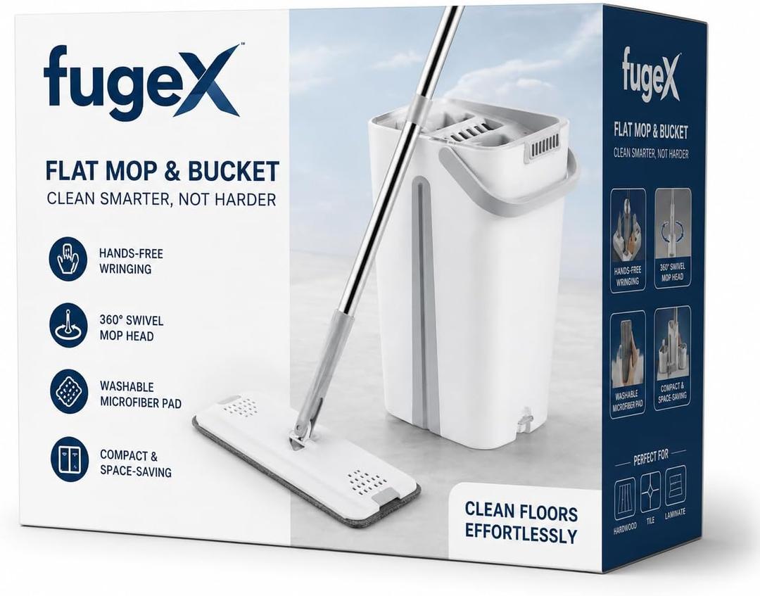 Flat Mop & Bucket Set – Hands‑Free Wringing, 360° Swivel Mop Head, Washable Microfiber Pads, Compact Space‑Saving Design for Hardwood, Tile & Laminate Floors