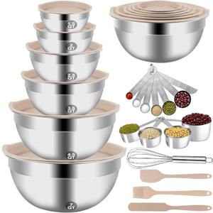 Mixing Bowls Set, 27PCS Khaki Mixing Bowls With Lids Set Stainless Steel Kitchen Large Nesting Metal Bowl 7QT to 1.5QT, Measuring Cups and Spoons for Prepping Cooking Serving