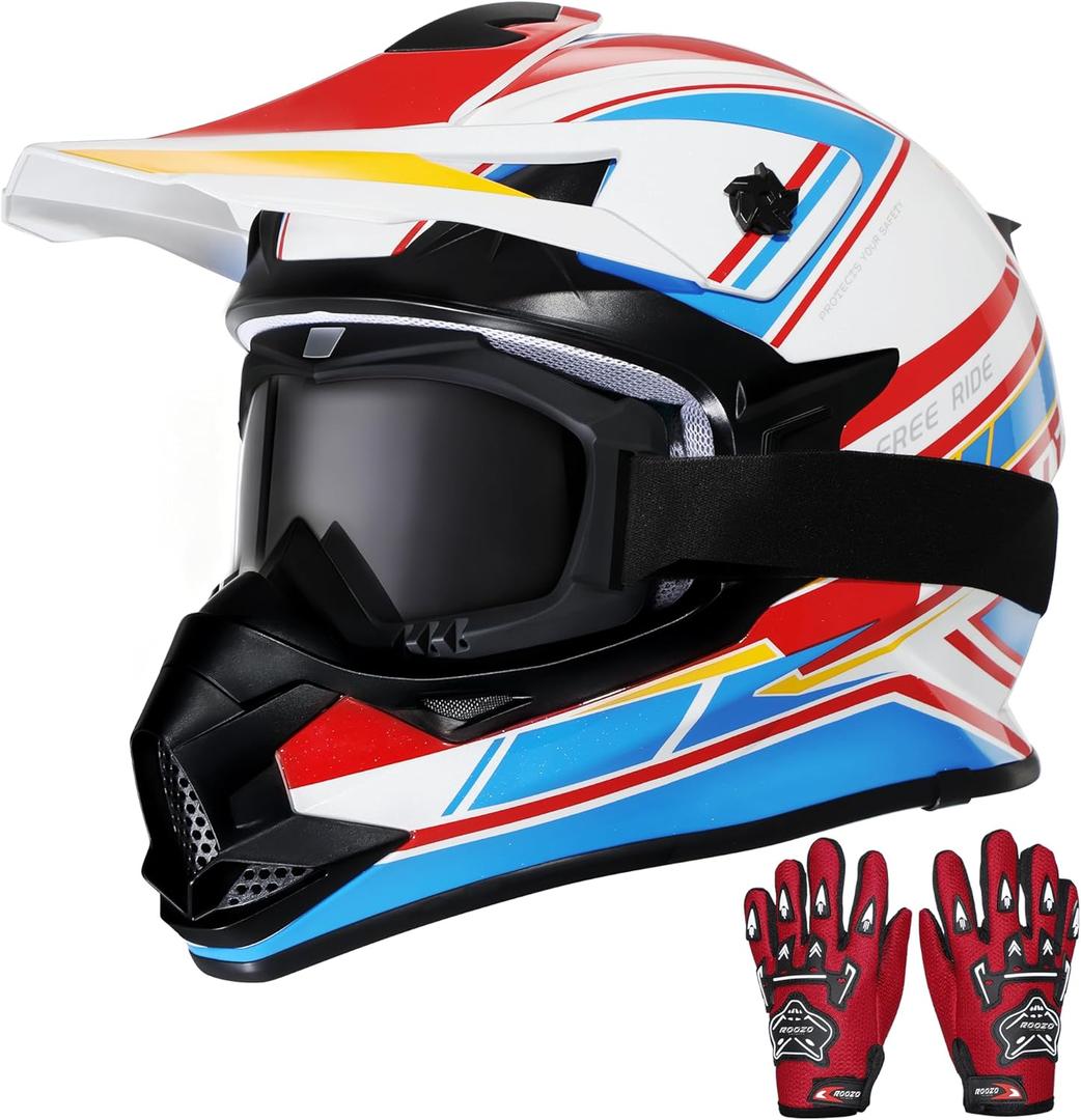 Kids Dirt Bike Helmets Youth Motorcycle Helmet, Kids Motorcycle Full Face Helmet for Off-Road, ATV, UTV, Street Riding with Goggles Gloves, DOT Approved (Large, BLUE)