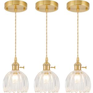 Mini Pendant Lights Kitchen island 3 Pack, Small Adjustable Pendant Light Fixture with Transparent Tulip Glass Lampshade, Vintage Gold Pendant Lighting, Pendant Light for Bedroom Dining Room Hallway