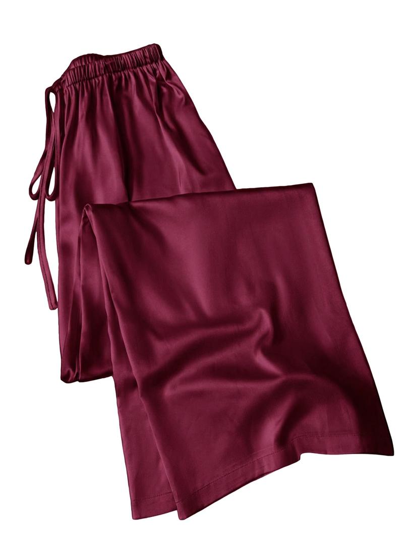 SHENHE Women's Satin Wide Leg Pants Drawstring Flowy Dressy Silky Business Causal Beach Vacation Pants Burgundy Large (Red, XL)