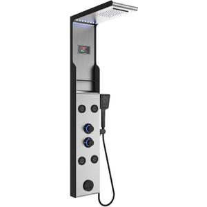 ELLO&ALLO LED Rainfall Shower Head and Rain Massage System with Body Jets Stainless Steel Bathroom Shower Panel Tower System with Shelf, Brushed Nickel&Black