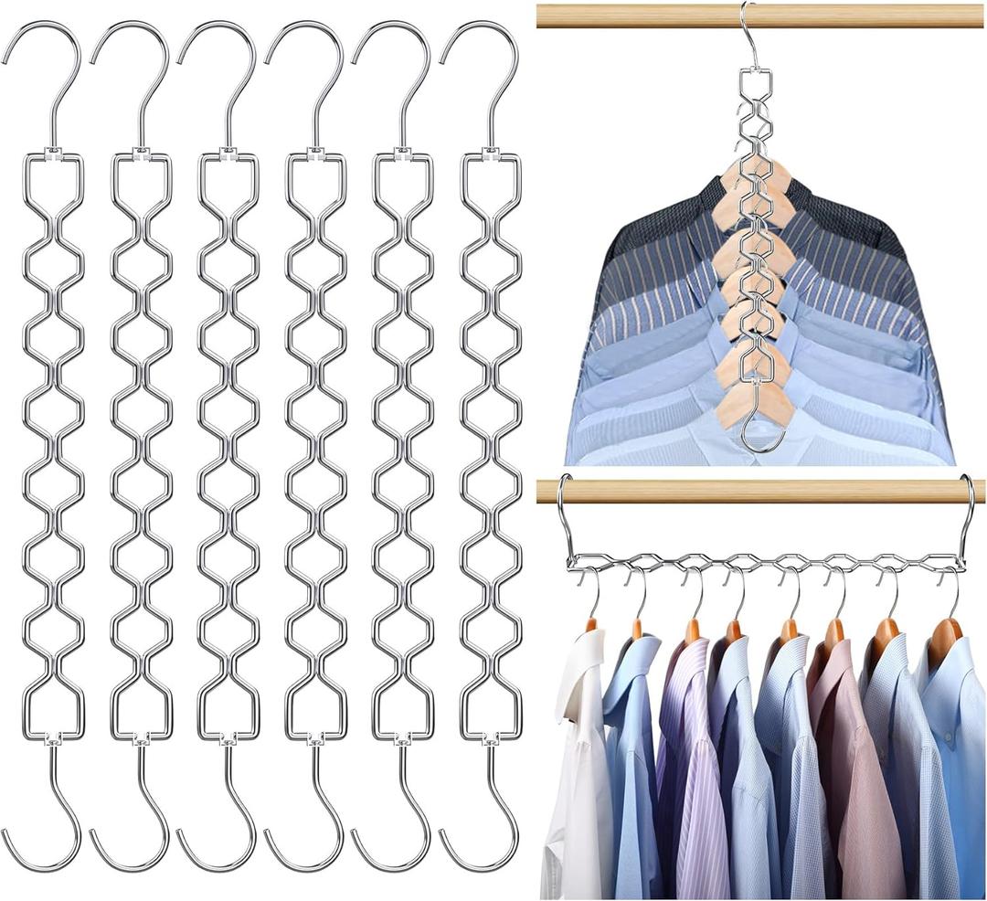 6 Pack Space Saving Hangers for Clothes, Heavy Duty 30Lbs Capacity Magic Clothes Space Saver Sturdy Metal Hanger Organizer with 360 Swivel Hook, Closet Organizers Storage Dorm Essentials Silver