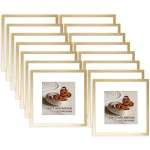 Memory Island 12x12 with 8x8 Photo Frames for Wall and Tabletop Display, 12 by 12 Gold Picture Frames with HD Plexiglass, Set of 15