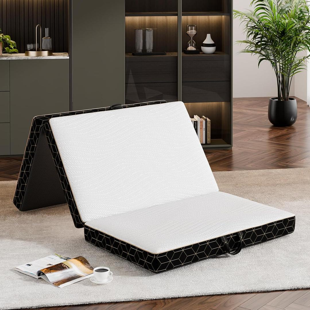 Tri-Fold Memory Foam Mattress Single - 4 Inch Portable Folding Mattress with Handle & Washable Cover, Floor Bed with Non-Slip Base, Space-Saving for Room, Travel, Guest Bed, Yoga, RV, 75"x25"x4"