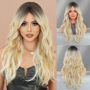 PARK YUN Long Wavy Ombre Blonde Wigs with Bangs for Women 26 Inch Dirty Blonde Highlight Curtain Bangs Wig with Dark Root Natural Looking Blonde Hair Synthetic Heat Resistant Wigs
