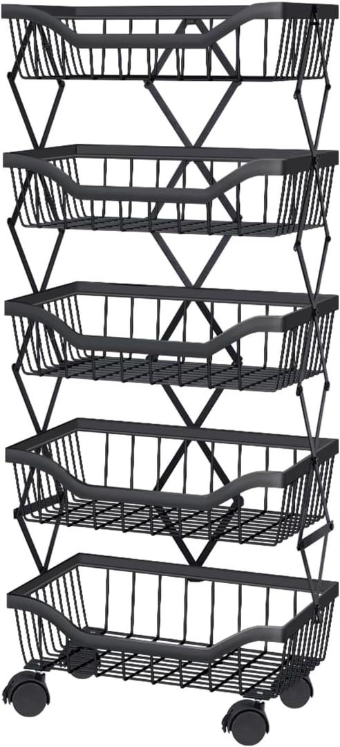 Fruit Vegetable Storage Basket 5 Tiers Stackable Metal Wire Fruit Basket Kitchen Cart with Wheels Vegetable Storage Holder for Onions Potatoes Bread Snack Veggie, Black