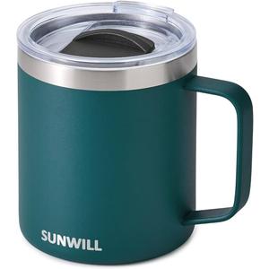 SUNWILL Travel Coffee Mug with Lid, Insulated Cup with Handle, 14 oz Stainless Steel Tumbler for Camping, Office, Outdoor, Powder Coated Dark Green